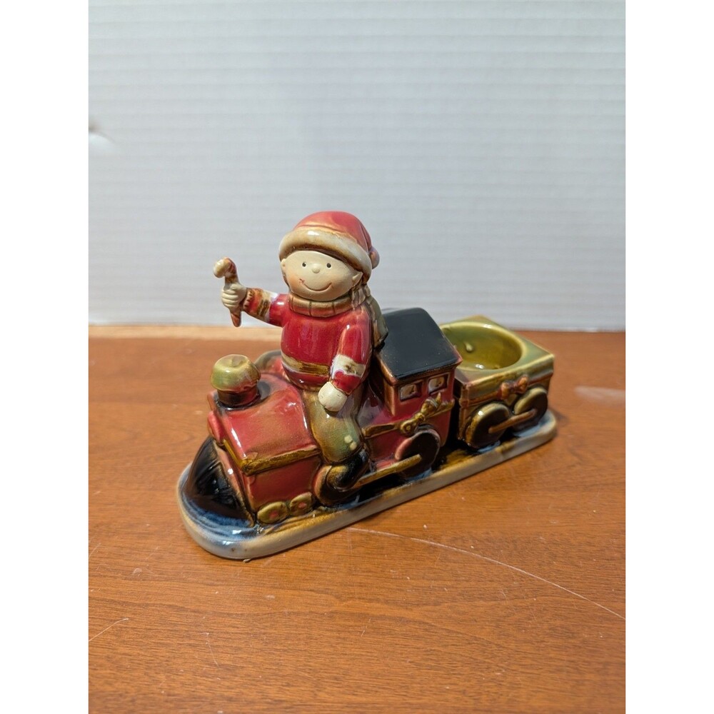 Vintage Yankee Candle Ceramic Christmas Boy On Train Tea Light Candle Holder